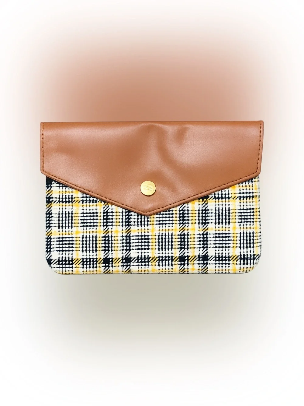 IPSY Plaid Envelope Clutch Cosmetic Makeup Pouch Brown Yellow Snap Small Bag